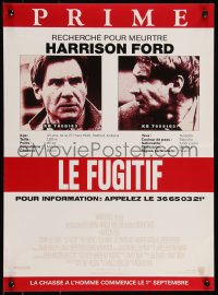 9h0694 FUGITIVE advance French 15x20 1993 Harrison Ford is on the run, cool wanted poster design!