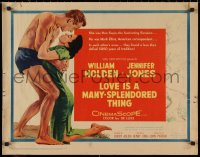 9h0398 LOVE IS A MANY-SPLENDORED THING 1/2sh 1955 romantic art of William Holden & Jennifer Jones!