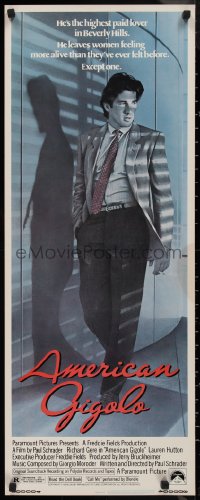 9h0221 AMERICAN GIGOLO insert 1980 male prostitute Richard Gere is being framed for murder!