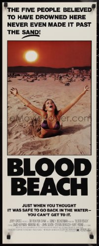 9h0228 BLOOD BEACH insert 1981 Jaws parody tagline, image of sexy girl in bikini sinking in sand!