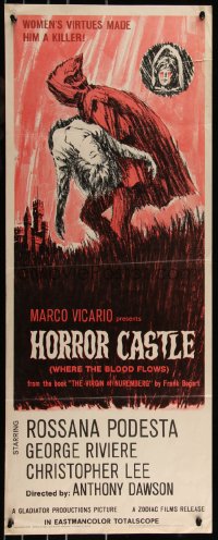 9h0256 HORROR CASTLE insert 1964 Where the Blood Flows, cool art of cloaked figure carrying girl!