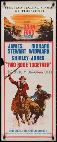 9h0301 TWO RODE TOGETHER insert 1961 John Ford, art of James Stewart & Richard Widmark on horses!