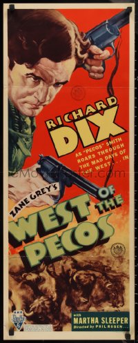 9h0303 WEST OF THE PECOS insert 1935 art of cowboy Richard Dix w/ guns blazing, Zane Grey, rare!