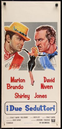 9h0844 BEDTIME STORY Italian locandina R1960s different art of Marlon Brando, Niven & Shirley Jones!