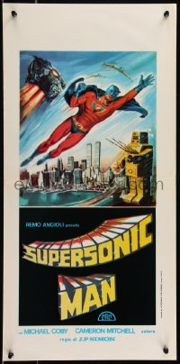 9h1071 SUPERSONIC MAN Italian locandina 1979 wacky Tino Avelli superhero art with giant robot in NYC!
