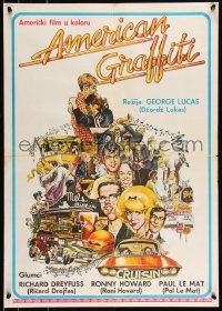 9h0132 AMERICAN GRAFFITI Yugoslavian 20x28 1973 George Lucas teen classic, Mort Drucker art of cast!