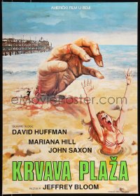 9h0134 BLOOD BEACH Yugoslavian 19x27 1980 huge hand & sexy girl in bikini sinking in quicksand!