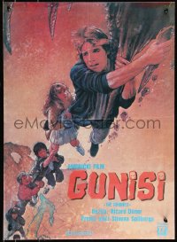 9h0162 GOONIES Yugoslavian 19x27 1985 cool blown up Drew art of top cast hanging from stalactite!