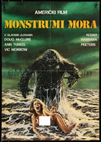 9h0168 HUMANOIDS FROM THE DEEP Yugoslavian 19x27 1980 art of Monster looming over sexy girl in surf!