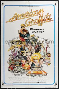 9j0082 AMERICAN GRAFFITI 1sh 1973 George Lucas teen classic, Mort Drucker montage art of cast!