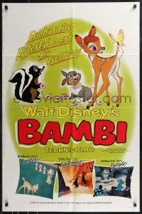 9j0098 BAMBI style B 1sh R1966 Walt Disney cartoon classic, great art with Thumper & Flower!