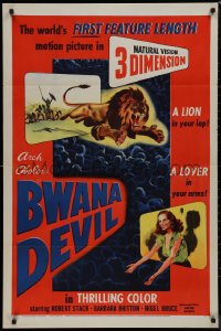 9j0135 BWANA DEVIL 3D 1sh 1953 lion leaping off the screen & Britton reaching out to audience!