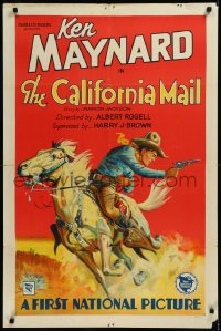 9j0138 CALIFORNIA MAIL 1sh 1929 great art of cowboy Ken Maynard with gun drawn on horse, ultra rare!