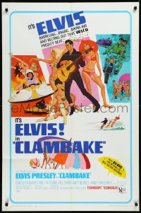 9j0148 CLAMBAKE 1sh 1967 McGinnis art of Elvis Presley in speed boat w/sexy babes, rock & roll!