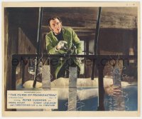 9j1170 CURSE OF FRANKENSTEIN color English FOH LC 1957 Peter Cushing over monster's body in his lab!