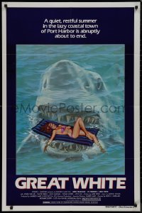 9j0258 GREAT WHITE 1sh 1982 great artwork of huge shark attacking girl in bikini on raft!
