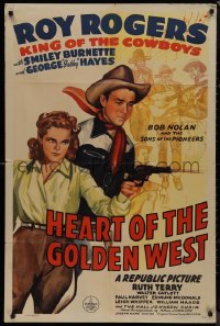 9j0270 HEART OF THE GOLDEN WEST 1sh 1942 cool art of Roy Rogers by Ruth Terry shooting gun!