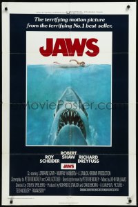 9j0298 JAWS int'l 1sh 1975 Kastel art of Spielberg's man-eating shark attacking sexy swimmer!