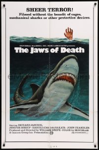 9j0299 JAWS OF DEATH 1sh 1976 Mako, Jaeckel, great art of shark attacking & hand raised from water!