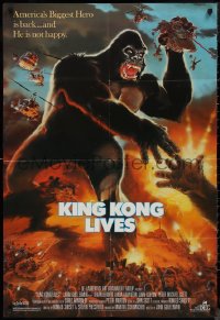 9j0314 KING KONG LIVES 1sh 1986 great artwork of huge unhappy ape attacked by army!