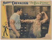9j0658 BIG POND LC 1930 close up of large man approaching Maurice Chevalier acting silly, rare!