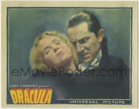 9j0713 DRACULA linen LC 1931 super c/u of Bela Lugosi staring at Helen Chandler's neck, ultra rare!