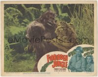 9j0728 FORBIDDEN JUNGLE LC #4 1950 best close up of fake gorilla Steve Calvert fighting tiger!
