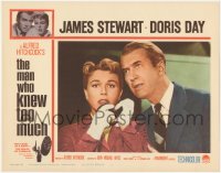 9j0828 MAN WHO KNEW TOO MUCH LC #2 R1960s scared James Stewart & Doris Day with phone, Hitchcock!