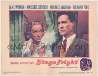 9j0945 STAGE FRIGHT LC #4 1950 great c/u of Marlene Dietrich & Richard Todd, Alfred Hitchcock!