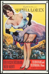 9j0340 MADAME SANS GENE 1sh R1963 sexy full-length Sophia Loren in low-cut dress, Madame!