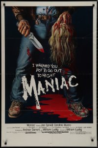 9j0351 MANIAC 1sh 1980 most classic gory Gaia horror artwork of killer holding blonde scalp!