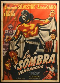 9j0028 LA SOMBRA VENGADORA Mexican poster 1956 cool art of masked wrestler Fernando Oses!