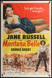 9j0371 MONTANA BELLE 1sh 1952 George Brent, sexy Jane Russell wants to get friendly, ultra rare!