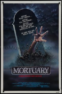 9j0378 MORTUARY 1sh 1983 Satanic cult, cool artwork of hand reaching up from grave!