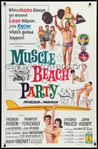 9j0385 MUSCLE BEACH PARTY 1sh 1964 Frankie & Annette, 10,000 biceps & 5,000 bikinis!