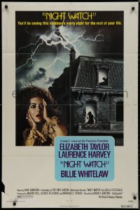 9j0393 NIGHT WATCH 1sh 1973 Laurence Harvey, Billie Whitelaw, art of scared Elizabeth Taylor!