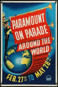 9j0406 PARAMOUNT ON PARADE AROUND THE WORLD 1sh 1938 great art of trumpets over globe, ultra rare!