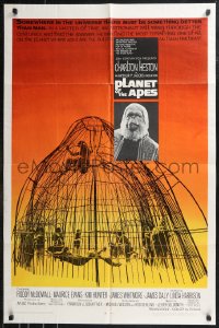 9j0411 PLANET OF THE APES 1sh 1968 Charlton Heston, classic sci-fi, cool art of caged humans!