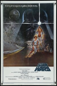 9j0485 STAR WARS fourth printing style A 1sh 1977 A New Hope, classic Jung art of Vader, Luke & Leia