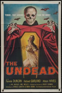 9j0524 UNDEAD 1sh 1957 best Albert Kallis art of huge skeleton & sexy Pamela Duncan, Roger Corman!