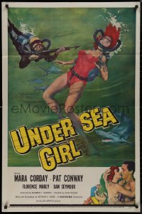 9j0525 UNDERSEA GIRL 1sh 1957 cool artwork of sexy deep sea scuba diver in peril!