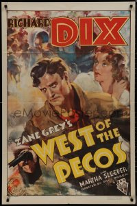 9j0539 WEST OF THE PECOS 1sh 1935 cool art of cowboy Richard Dix & Martha Sleeper, Zane Grey!