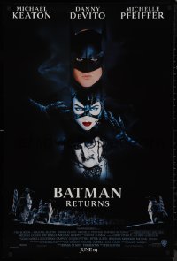 9k0649 BATMAN RETURNS int'l advance 1sh 1992 Burton, Keaton, DeVito, Pfeiffer, cool white date design!