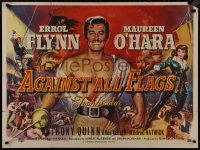 9k0129 AGAINST ALL FLAGS British quad 1953 different art of Errol Flynn & O'Hara, ultra rare!