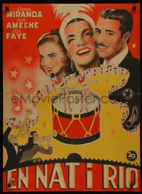 9k0246 THAT NIGHT IN RIO Danish 1947 Willy art of Carmen Miranda, Don Ameche & Alice Faye, rare!