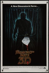 9k0759 FRIDAY THE 13th PART 3 - 3D 1sh 1982 slasher sequel, art of Jason stabbing through shower!