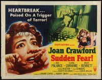 9k1327 SUDDEN FEAR style B 1/2sh 1952 great close up of terrified Joan Crawford, Jack Palance