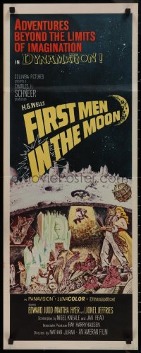 9k1563 FIRST MEN IN THE MOON insert 1964 Ray Harryhausen, H.G. Wells, fantastic sci-fi art!