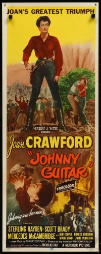 9k1570 JOHNNY GUITAR insert 1954 artwork of Joan Crawford reaching for gun, Nicholas Ray classic!