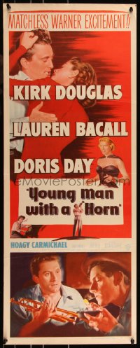 9k1591 YOUNG MAN WITH A HORN insert 1950 jazz man Kirk Douglas, sexy Lauren Bacall + Doris Day!
